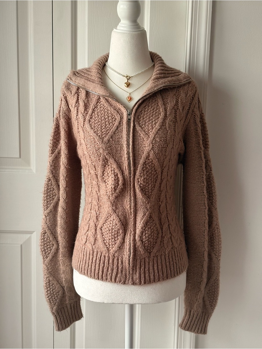 Women's Taupe Cable-Knit Zip Cardigan Sweater